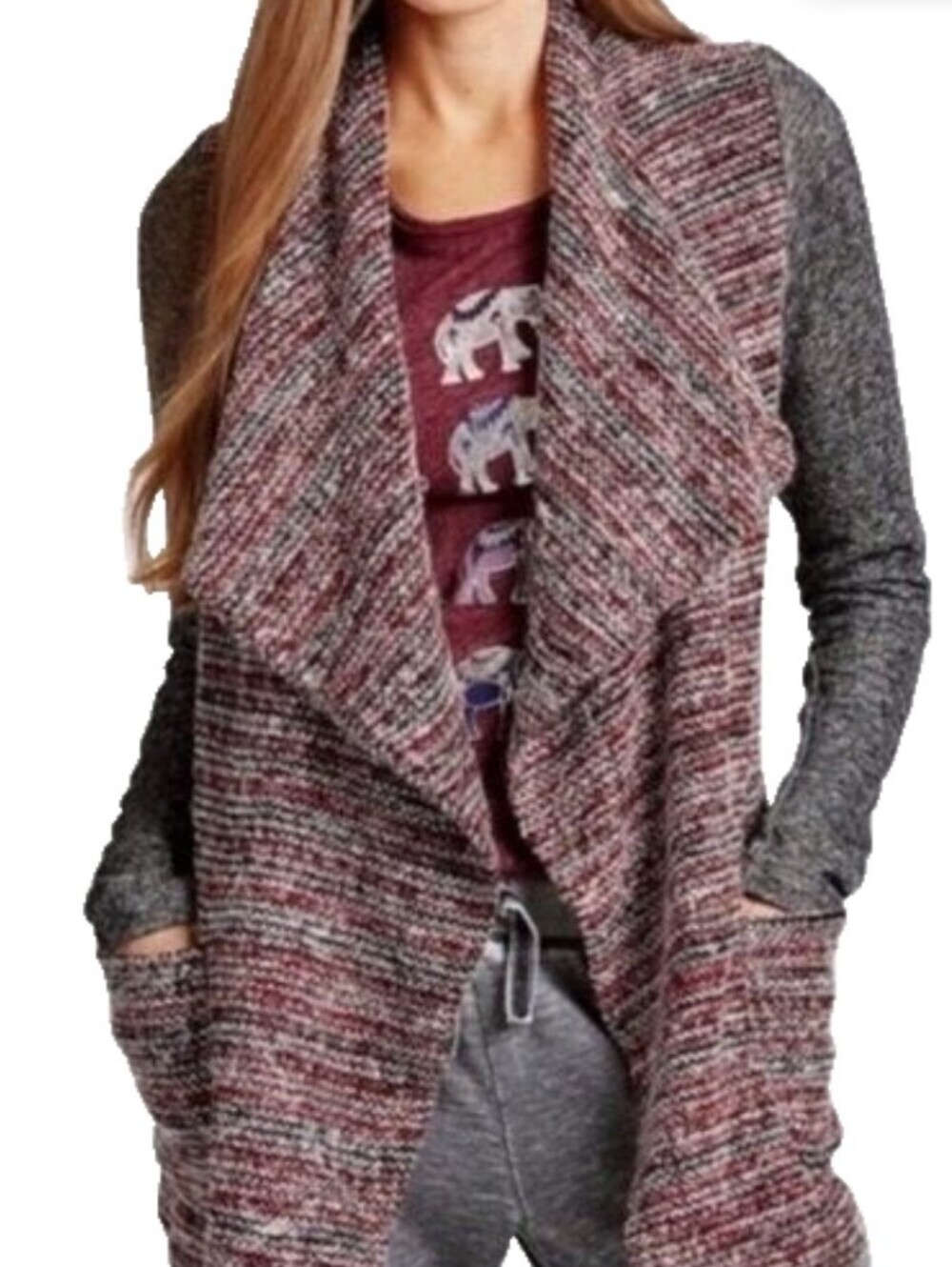 Lucky Brand Marled Burgundy and Gray Open-Front Sweater Cardigan - Size XL